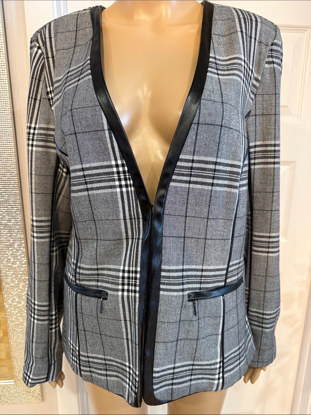 Women's Grey Plaid Blazer with Black Trim - Tailored Suit Jacket